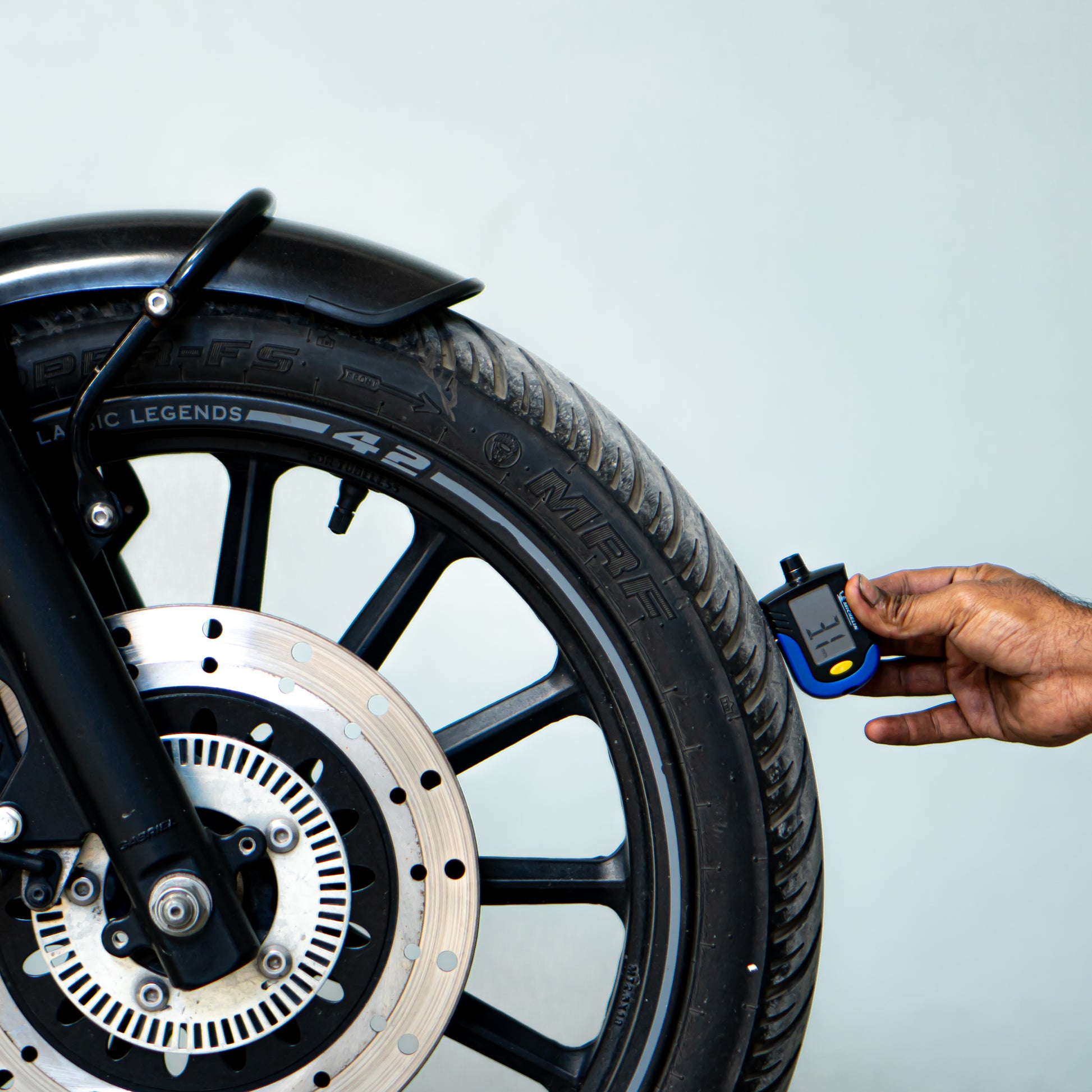 Jawa 42 front tyre condition tread depth used bike Gurgaon inspection close up